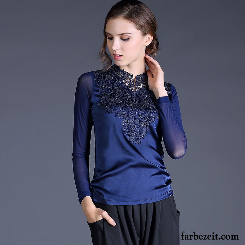 Blau Weiß Gestreiftes Shirt Damen Unteres Hemd Herbst High-end Neue Elegant Spleißen Trend Nettogarn Seide Mode Lange Ärmel Schlank