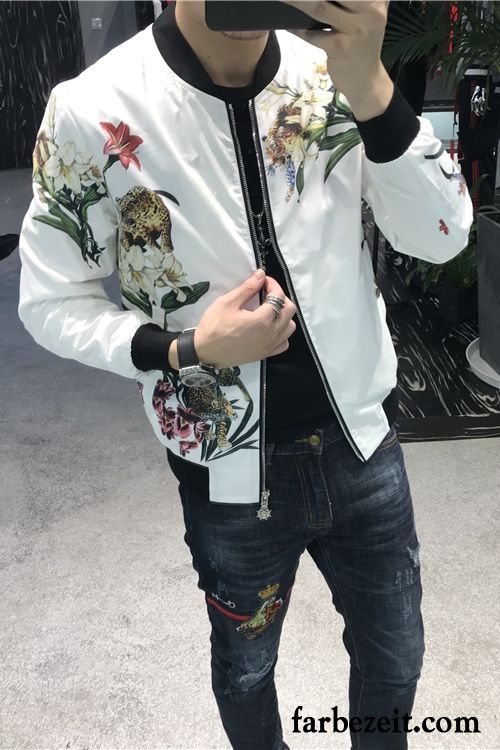 Blouson Herren Sommer Sport Weiß Herbst Schlank Drucken Allgleiches Freizeit Jacke Überzieher Blume Trend Persönlichkeit Verkaufen