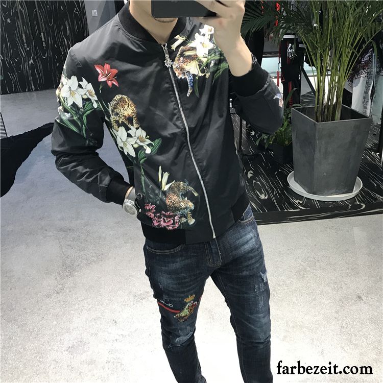 Blouson Herren Sommer Sport Weiß Herbst Schlank Drucken Allgleiches Freizeit Jacke Überzieher Blume Trend Persönlichkeit Verkaufen