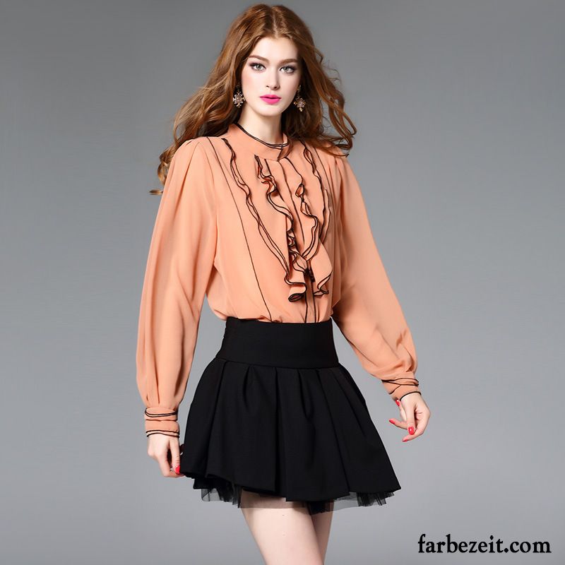 Bluse Orange Damen Mode Herbst Blusen Fein Lotus Blatt Neue Trend