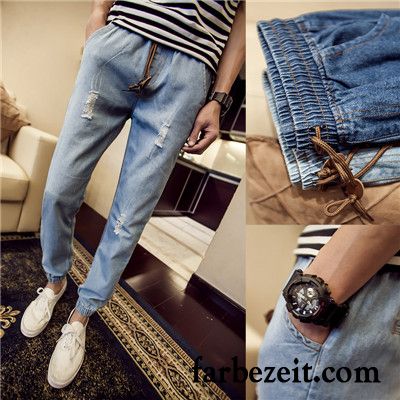 Coole Herren Jeans Schüler Harlan Große Größe Hell Herbst Löcher Blau Dünn Trend Jeans Sommer Persönlichkeit Elastisch Kaufen