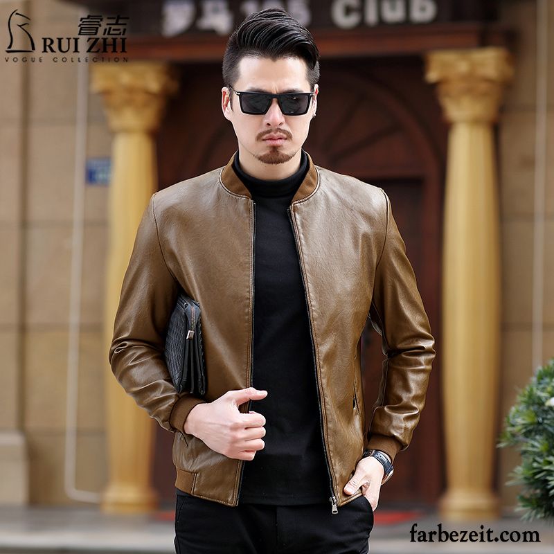 Herren Sommer Blouson Lederjacke Mode Braun Herbst Überzieher Feder Stehkragen Neu Trend Günstig