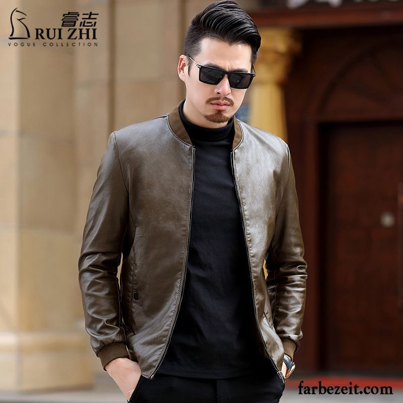 Herren Sommer Blouson Lederjacke Mode Braun Herbst Überzieher Feder Stehkragen Neu Trend Günstig