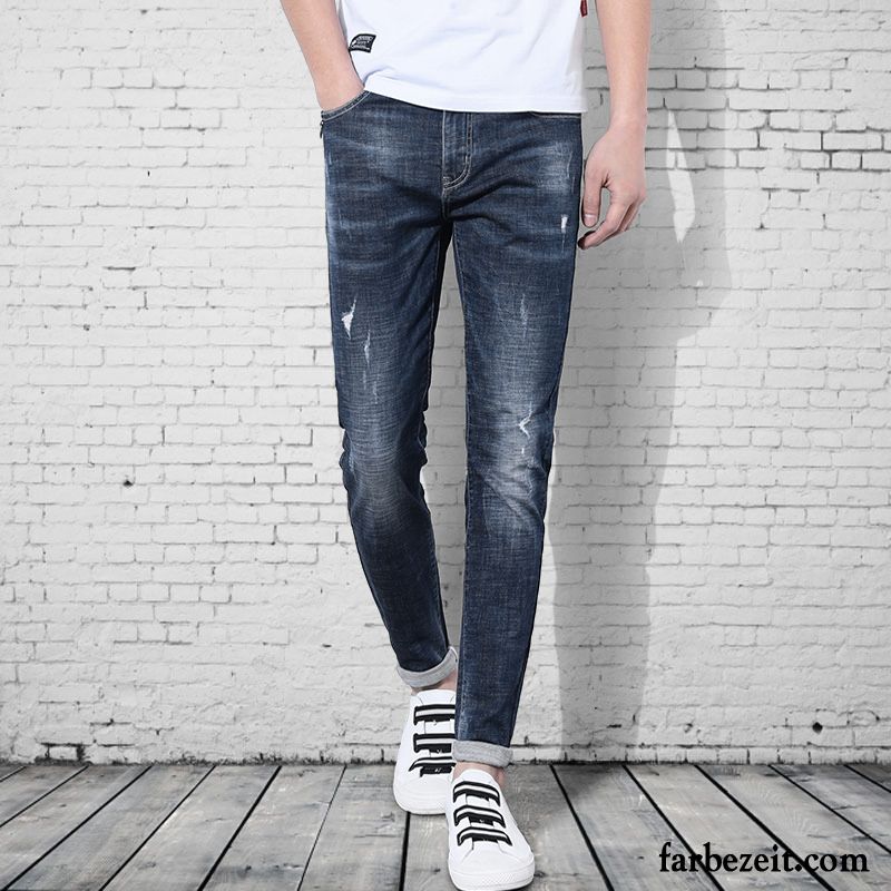 Moderne Jeans Hosen Herren Schlank Lange Freizeit Blau Trend Herbst Jeans Neu Löcher Allgleiches Dünn Licht Billig