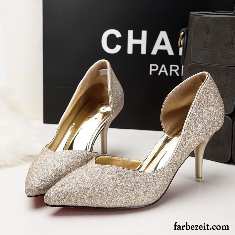 Pumps Braun Leder Sommer Dünne Fersen Gold Allgleiches Damen Neue Trend Silber Schnürschuhe Spitze Feder Sexy Pumps