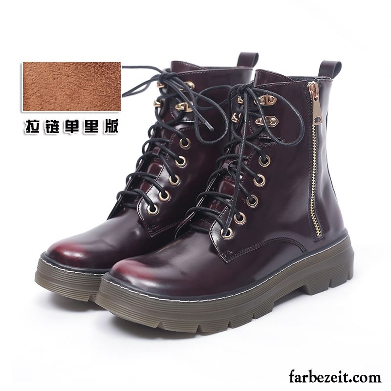 Schnürstiefel Damen Braun Neue Dick Plus Samt Martin Stiehlt Schnürung Langschaft Winter England Flache Verkaufen