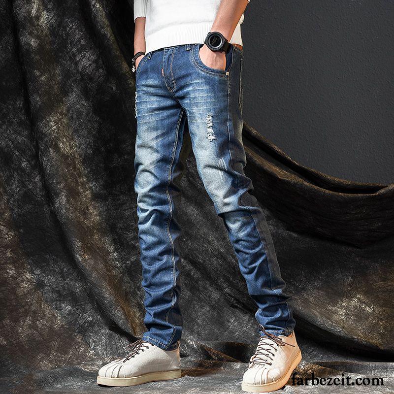 Schwarze Jeans Slim Fit Jeans Retro Schlank Allgleiches Hose Blau Lose Trend Löcher Dünn Herren Freizeit Herbst Gerade Verkaufen