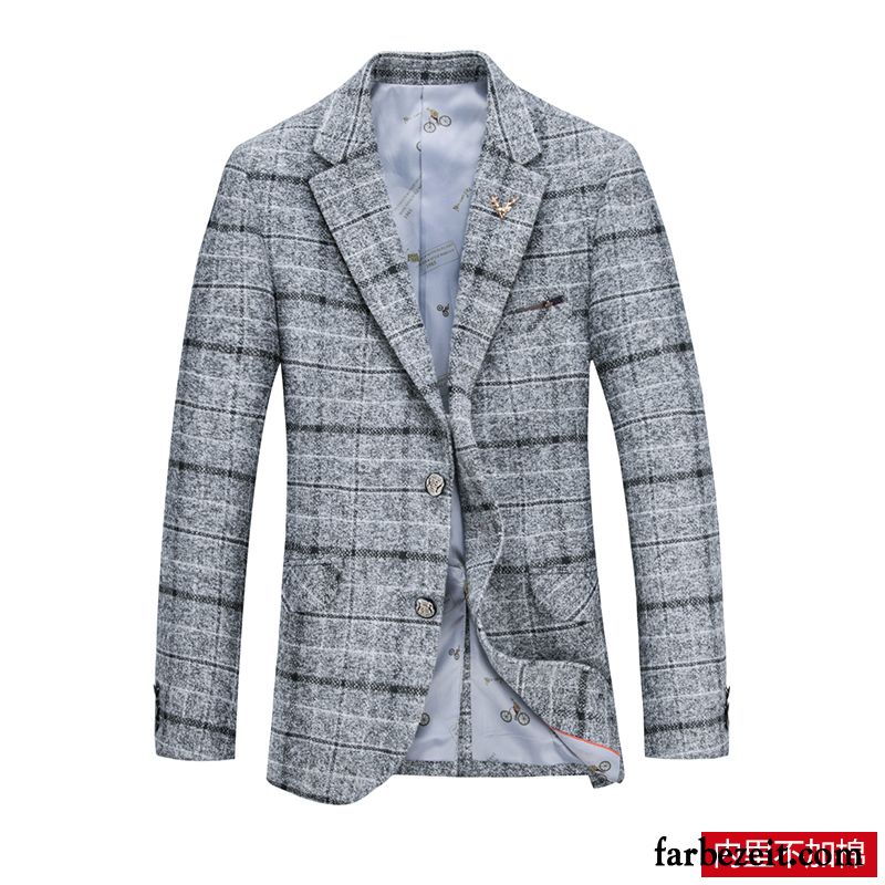 Sportlicher Blazer Herren Winter Mantel Überzieher Herbst Jugend Kostüm Trend England Gitter Schlank Anzüg Freizeit