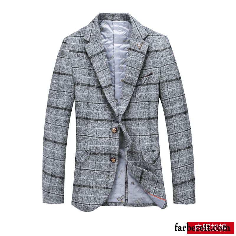 Sportlicher Blazer Herren Winter Mantel Überzieher Herbst Jugend Kostüm Trend England Gitter Schlank Anzüg Freizeit