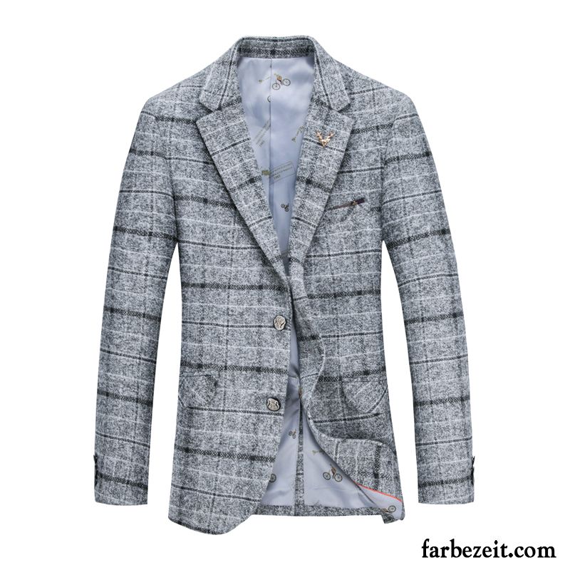 Sportlicher Blazer Herren Winter Mantel Überzieher Herbst Jugend Kostüm Trend England Gitter Schlank Anzüg Freizeit